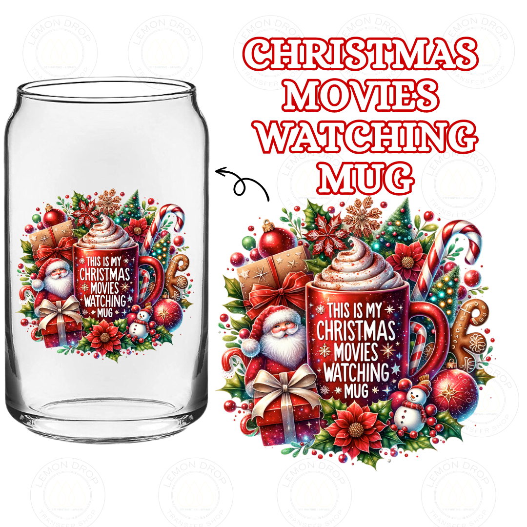 CHRISTMAS MOVIES WATCHING MUG DOUBLE-SIDED UV DTF STICKER