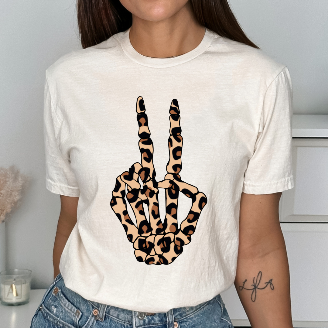 Leopard Print Skully Peace Sign Relaxed Unisex Tee