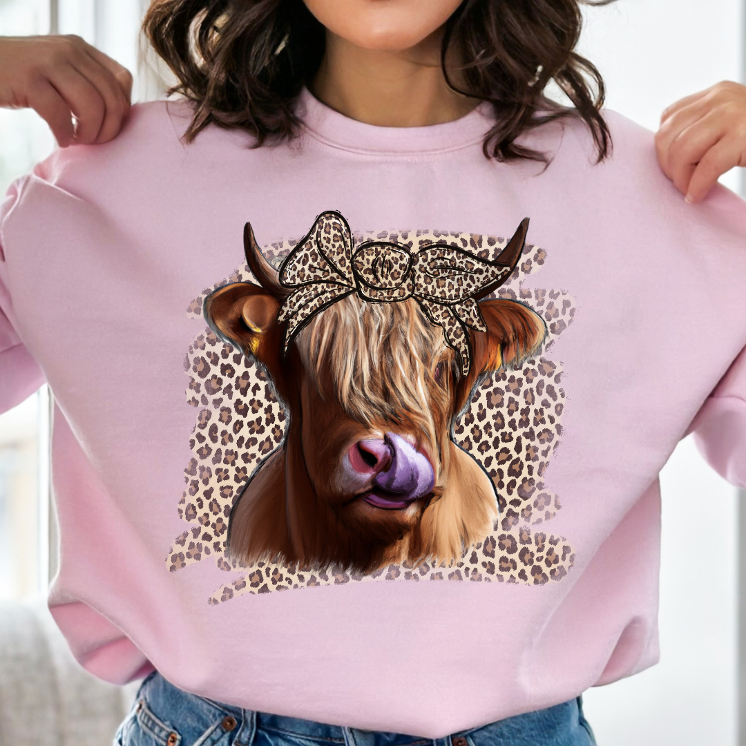 Highland Cow Leopard Print Cozy Unisex Crewneck